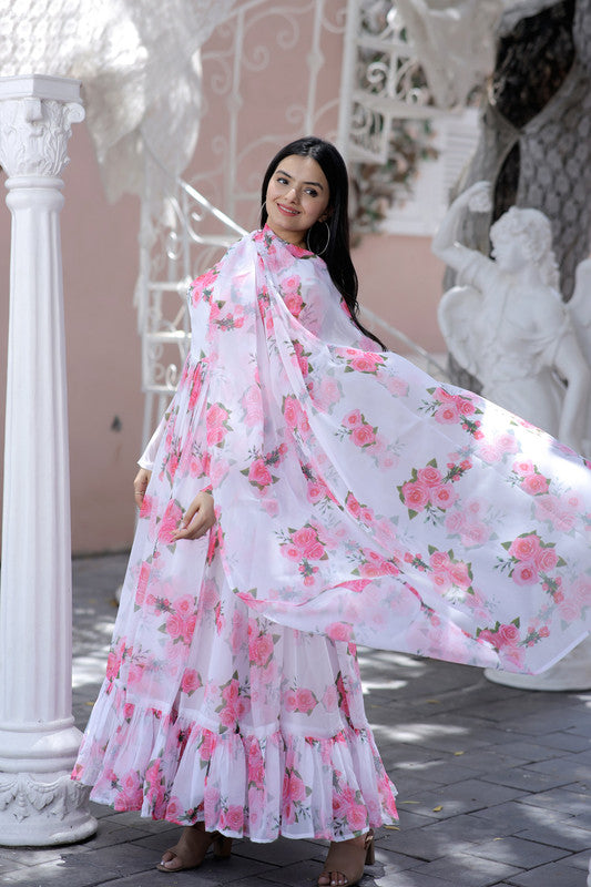 Jyoti Fashion Women's Pink Faux Georgette Floral Digital Printed Anarkali Dress with Dupatta