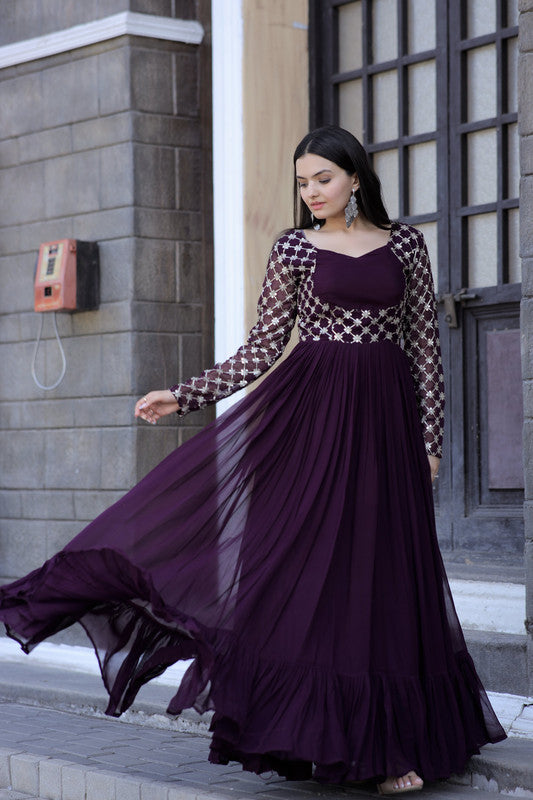 Jyoti Fashion Women's Wine Faux Blooming Sequins with Zari Embroidered Anarkali Dress