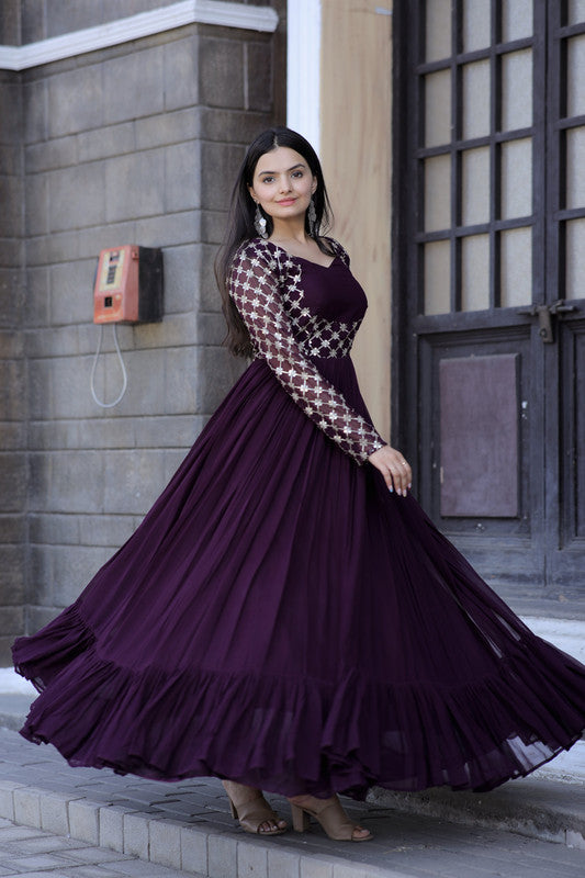 Jyoti Fashion Women's Wine Faux Blooming Sequins with Zari Embroidered Anarkali Dress