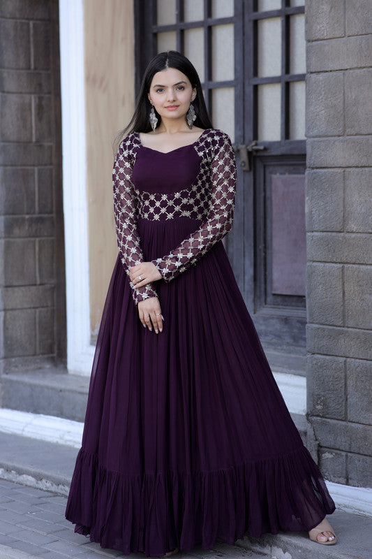 Jyoti Fashion Women's Wine Faux Blooming Sequins with Zari Embroidered Anarkali Dress