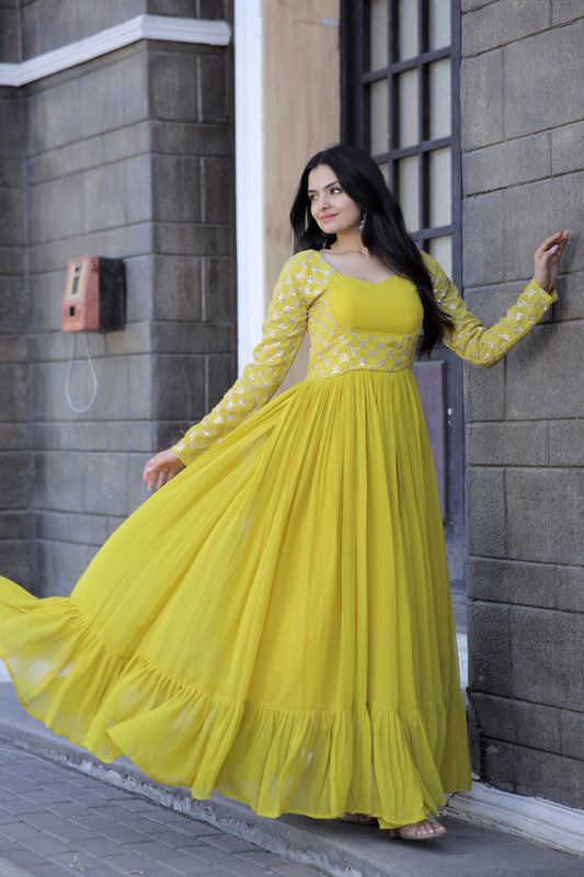 Jyoti Fashion Women's Yellow Faux Blooming Sequins with Zari Embroidered Anarkali Dress