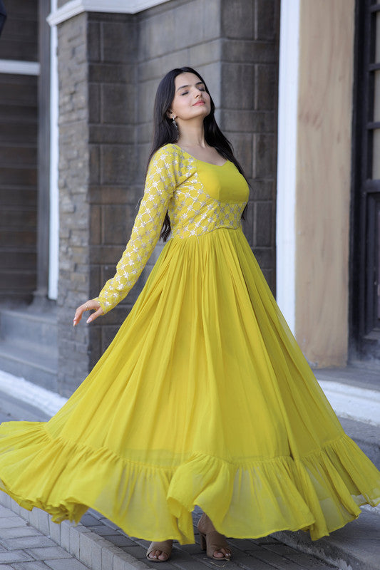 Jyoti Fashion Women's Yellow Faux Blooming Sequins with Zari Embroidered Anarkali Dress