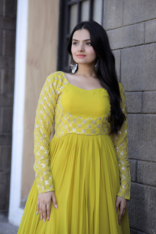 Jyoti Fashion Women's Yellow Faux Blooming Sequins with Zari Embroidered Anarkali Dress