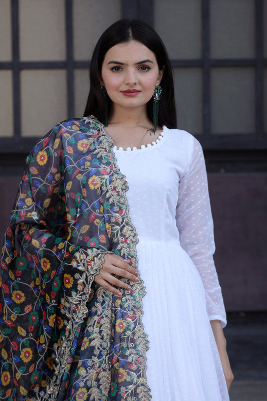 Jyoti Fashion Women's White Georgette Butti work Partywear Anarkali Dress with Dupatta