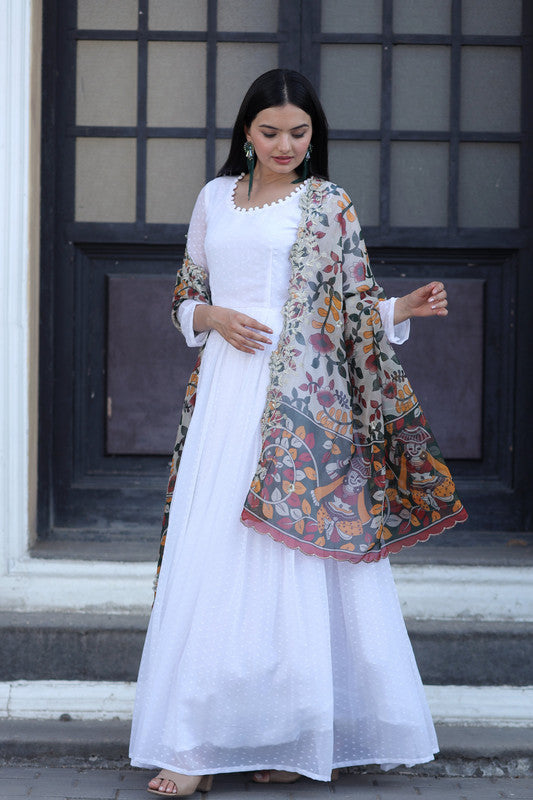 Jyoti Fashion Women's White Georgette Butti work Partywear Anarkali Dress with Dupatta