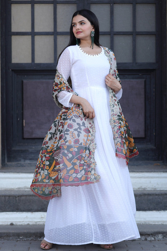 Jyoti Fashion Women's White Georgette Butti work Partywear Anarkali Dress with Dupatta