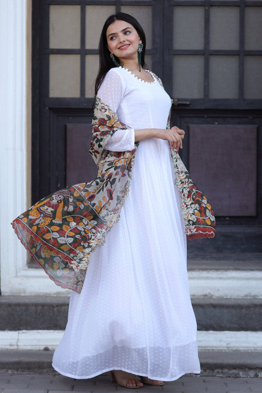 Jyoti Fashion Women's White Georgette Butti work Partywear Anarkali Dress with Dupatta
