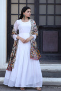Jyoti Fashion Women's White Georgette Butti work Partywear Anarkali Dress with Dupatta