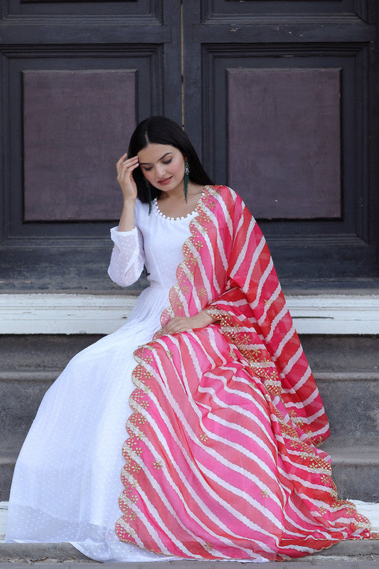 Jyoti Fashion Women's White Georgette Butti work Partywear Anarkali Dress with Dupatta