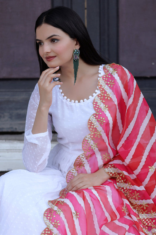 Jyoti Fashion Women's White Georgette Butti work Partywear Anarkali Dress with Dupatta