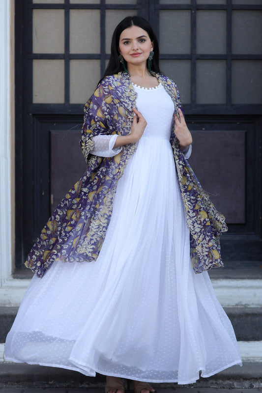 Jyoti Fashion Women's White Georgette Butti work Partywear Anarkali Dress with Dupatta