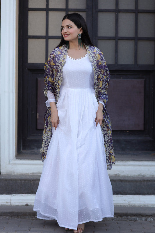 Jyoti Fashion Women's White Georgette Butti work Partywear Anarkali Dress with Dupatta