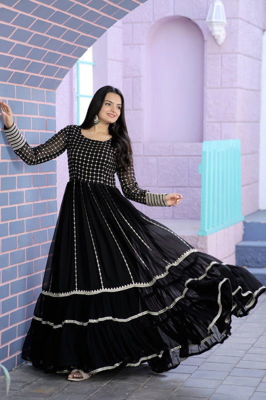 Jyoti Fashion Women's Black Faux Blooming Sequins with Zari Embroidered Anarkali Dress