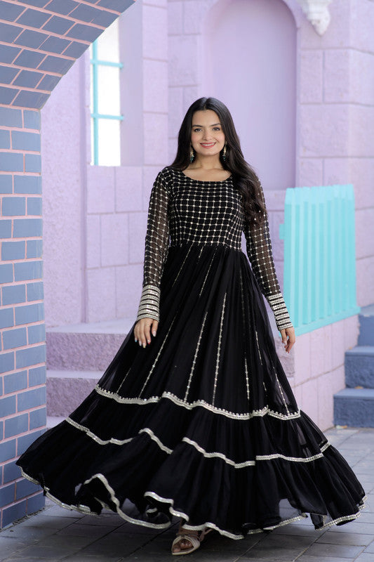 Jyoti Fashion Women's Black Faux Blooming Sequins with Zari Embroidered Anarkali Dress