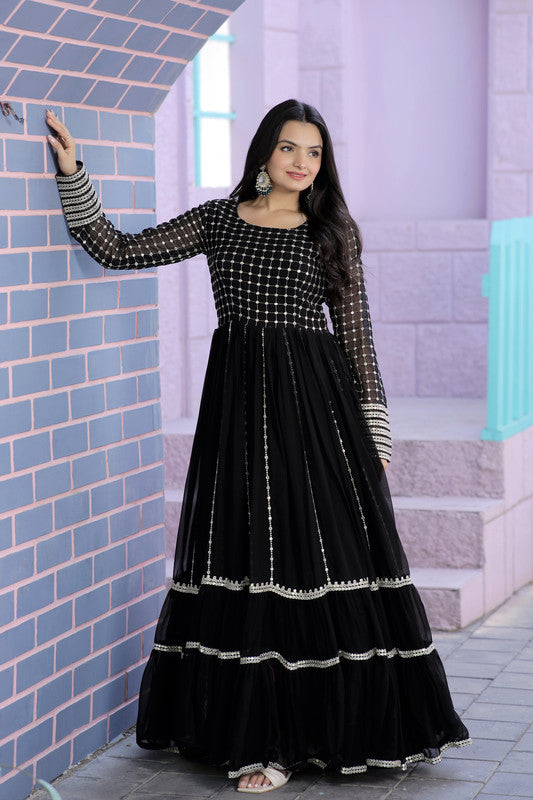 Jyoti Fashion Women's Black Faux Blooming Sequins with Zari Embroidered Anarkali Dress