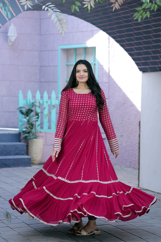 Jyoti Fashion Women's Rani Pink Faux Blooming Sequins with Zari Embroidered Anarkali Dress
