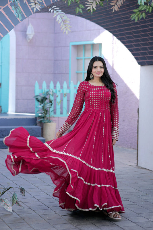 Jyoti Fashion Women's Rani Pink Faux Blooming Sequins with Zari Embroidered Anarkali Dress