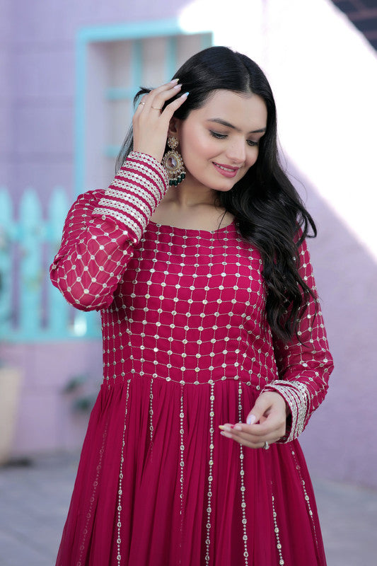 Jyoti Fashion Women's Rani Pink Faux Blooming Sequins with Zari Embroidered Anarkali Dress