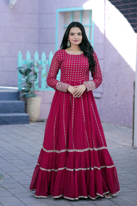 Jyoti Fashion Women's Rani Pink Faux Blooming Sequins with Zari Embroidered Anarkali Dress
