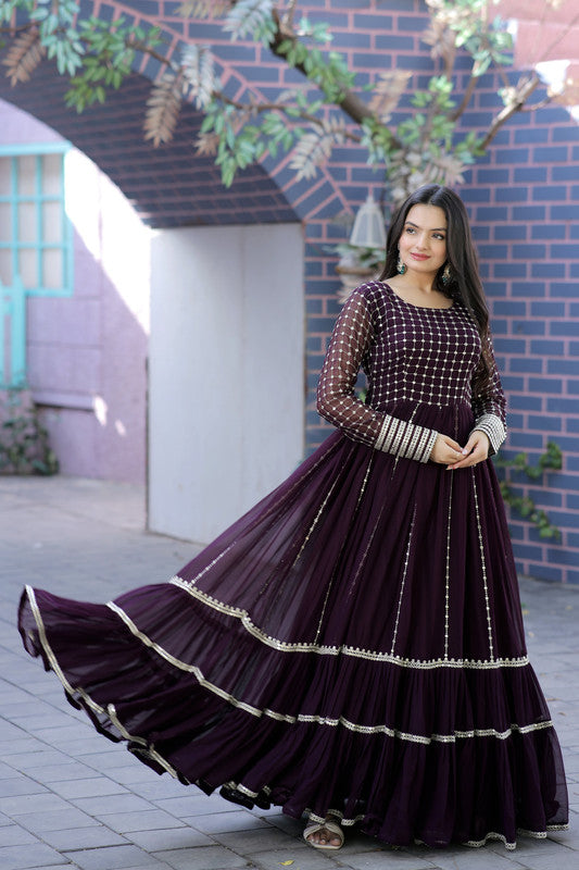 Jyoti Fashion Women's Wine Faux Blooming Sequins with Zari Embroidered Anarkali Dress