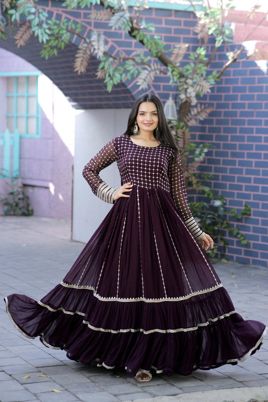 Jyoti Fashion Women's Wine Faux Blooming Sequins with Zari Embroidered Anarkali Dress