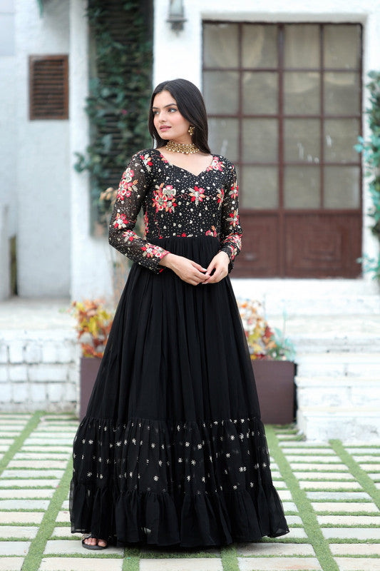 Jyoti Fashion Women's Black Faux Blooming Sequins with Multi Thread Embroidered Anarkali Dress