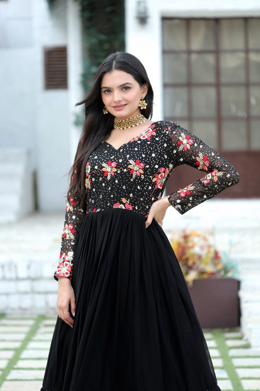 Jyoti Fashion Women's Black Faux Blooming Sequins with Multi Thread Embroidered Anarkali Dress