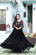 Jyoti Fashion Women's Black Faux Blooming Sequins with Multi Thread Embroidered Anarkali Dress