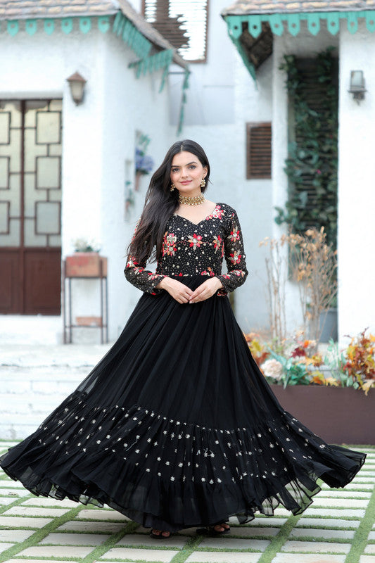 Jyoti Fashion Women's Black Faux Blooming Sequins with Multi Thread Embroidered Anarkali Dress