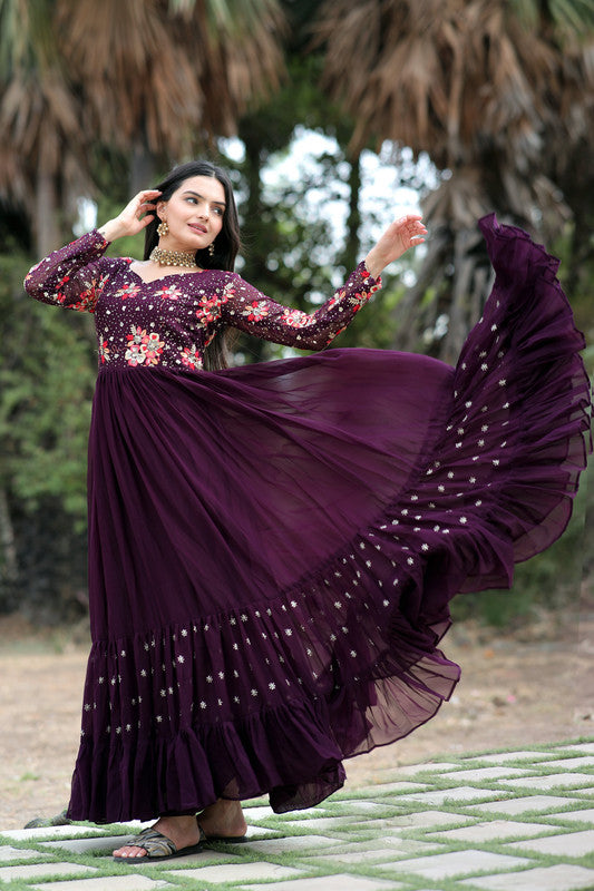 Jyoti Fashion Women's Wine Faux Blooming Sequins with Multi Thread Embroidered Anarkali Dress