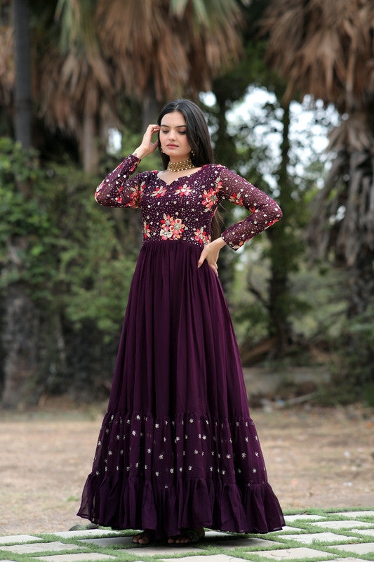 Jyoti Fashion Women's Wine Faux Blooming Sequins with Multi Thread Embroidered Anarkali Dress