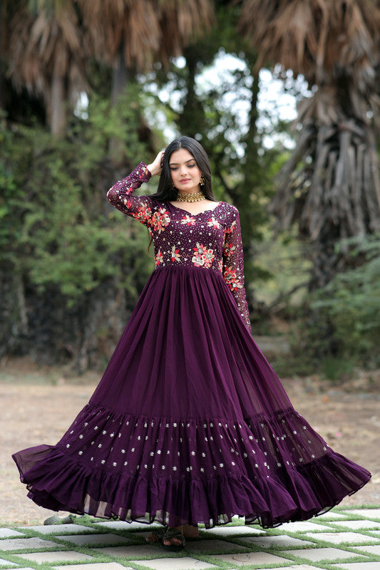 Jyoti Fashion Women's Wine Faux Blooming Sequins with Multi Thread Embroidered Anarkali Dress