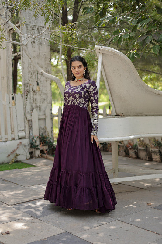 Jyoti Fashion Women's Wine Faux Blooming Jacquard with Sequins Embroidered Anarkali Dress