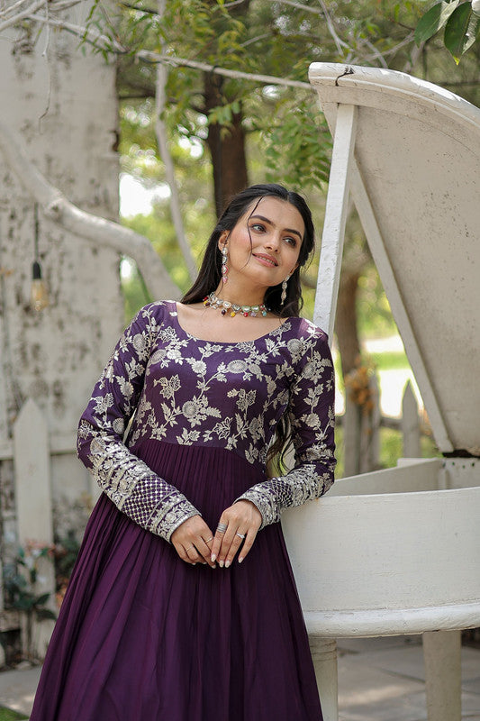 Jyoti Fashion Women's Wine Faux Blooming Jacquard with Sequins Embroidered Anarkali Dress