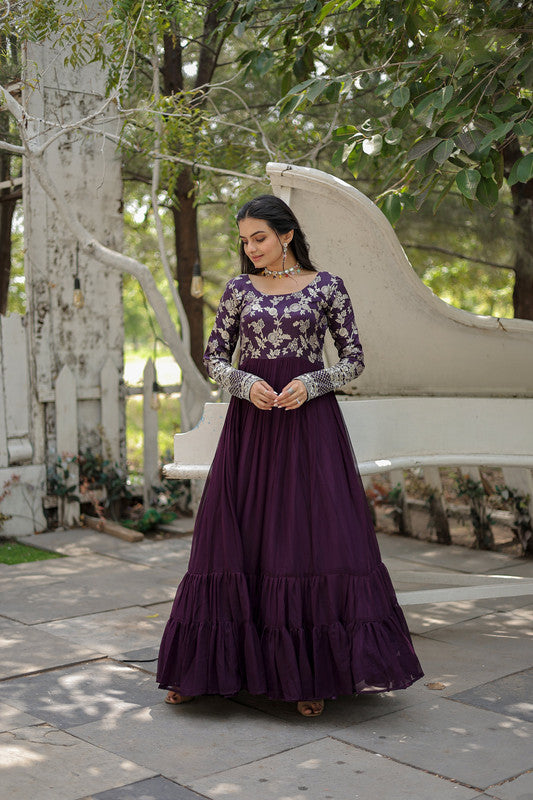 Jyoti Fashion Women's Wine Faux Blooming Jacquard with Sequins Embroidered Anarkali Dress