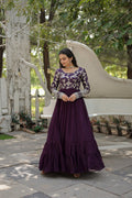 Jyoti Fashion Women's Wine Faux Blooming Jacquard with Sequins Embroidered Anarkali Dress