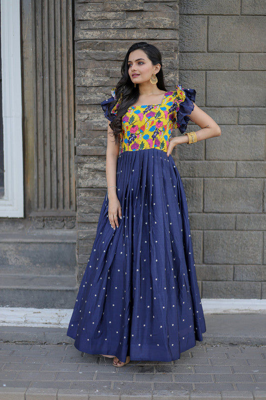 Jyoti Fashion Women's Blue Maslin with Chinon Embroidered Partwear Anarkali Dress