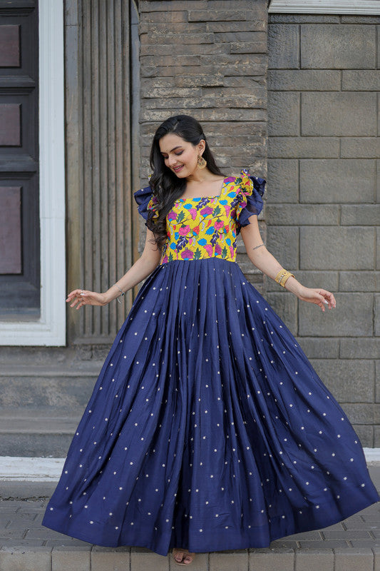 Jyoti Fashion Women's Blue Maslin with Chinon Embroidered Partwear Anarkali Dress