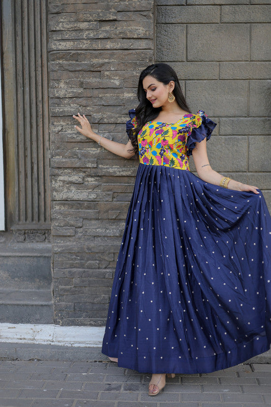 Jyoti Fashion Women's Blue Maslin with Chinon Embroidered Partwear Anarkali Dress