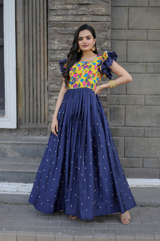 Jyoti Fashion Women's Blue Maslin with Chinon Embroidered Partwear Anarkali Dress