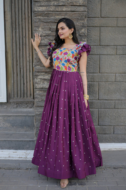 Jyoti Fashion Women's Wine Maslin with Chinon Embroidered Partwear Anarkali Dress