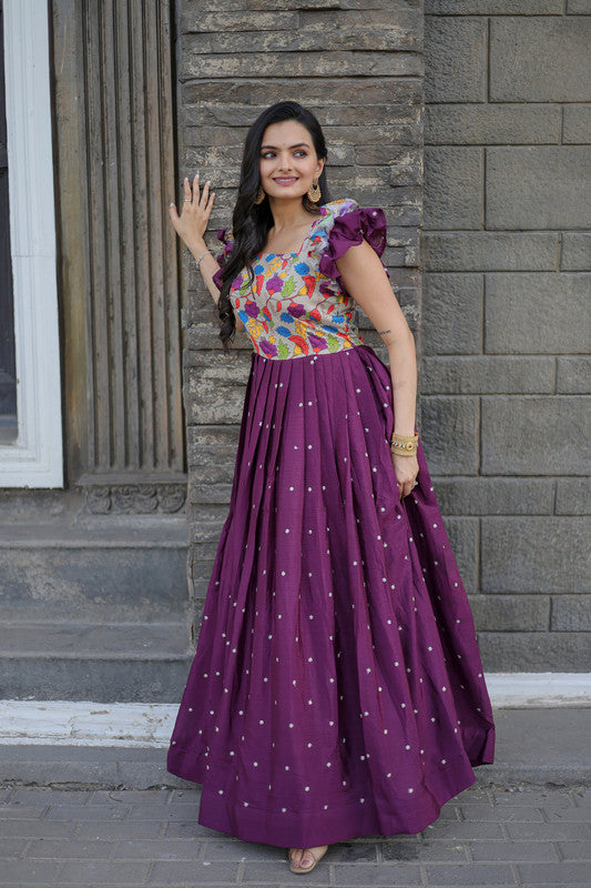 Jyoti Fashion Women's Wine Maslin with Chinon Embroidered Partwear Anarkali Dress