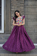 Jyoti Fashion Women's Wine Maslin with Chinon Embroidered Partwear Anarkali Dress