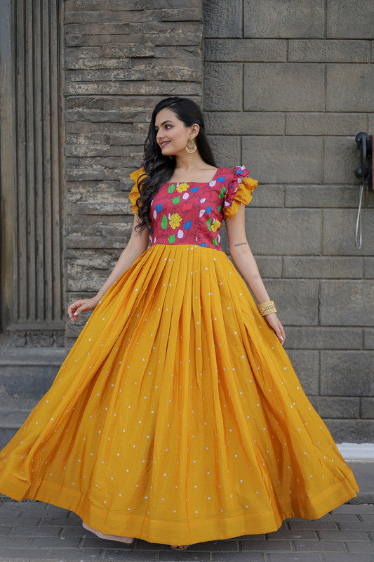 Jyoti Fashion Women's Yellow Maslin with Chinon Embroidered Partwear Anarkali Dress