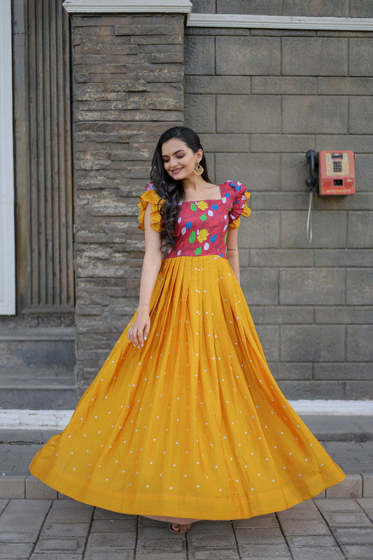 Jyoti Fashion Women's Yellow Maslin with Chinon Embroidered Partwear Anarkali Dress