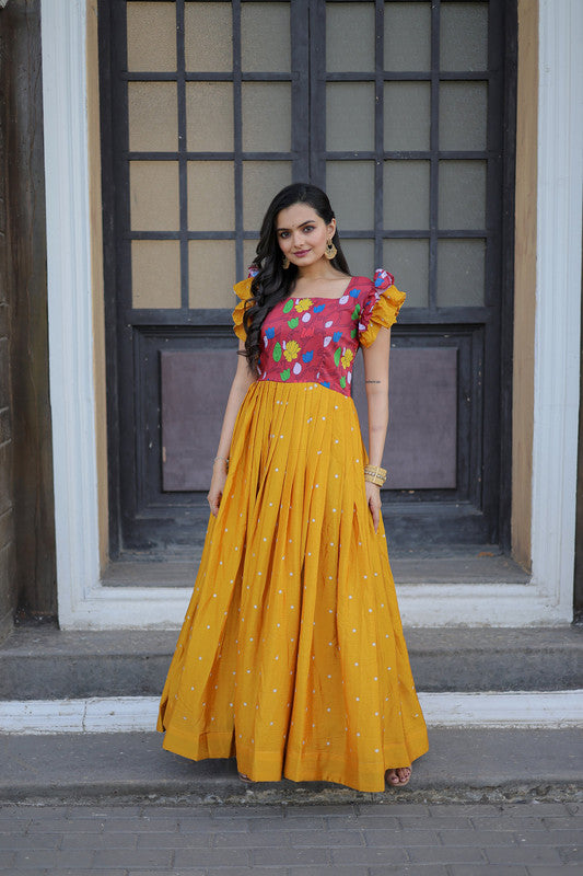Jyoti Fashion Women's Yellow Maslin with Chinon Embroidered Partwear Anarkali Dress