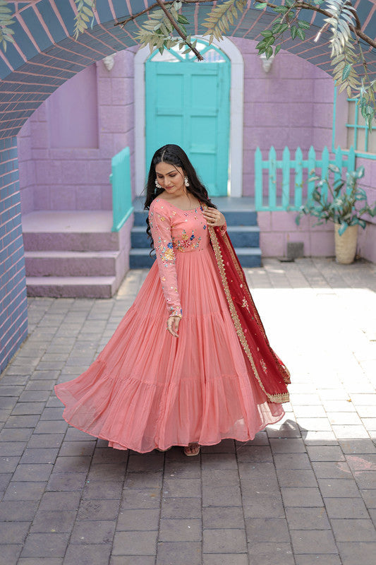 Jyoti Fashion Women's Peach Faux Georgette Thread Embroidery Anarkali Dress with Dupatta
