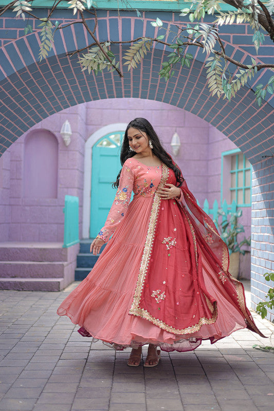 Jyoti Fashion Women's Peach Faux Georgette Thread Embroidery Anarkali Dress with Dupatta
