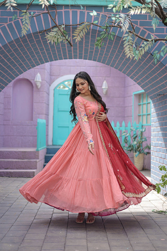 Jyoti Fashion Women's Peach Faux Georgette Thread Embroidery Anarkali Dress with Dupatta