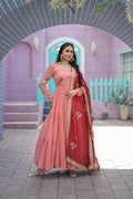 Jyoti Fashion Women's Peach Faux Georgette Thread Embroidery Anarkali Dress with Dupatta